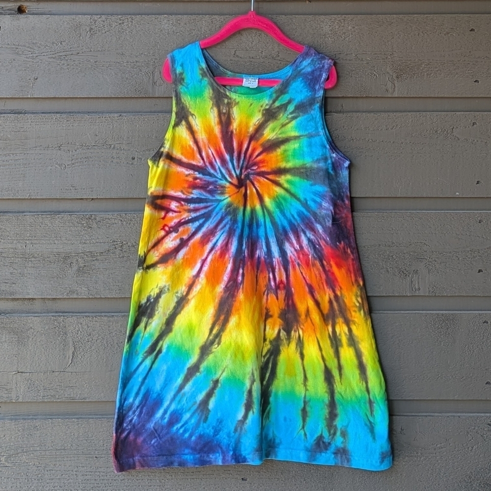 Dharma Rainbow Spiral Tie-Dye Sleeveless Kids Tank Dress 100% Cotton Size 8